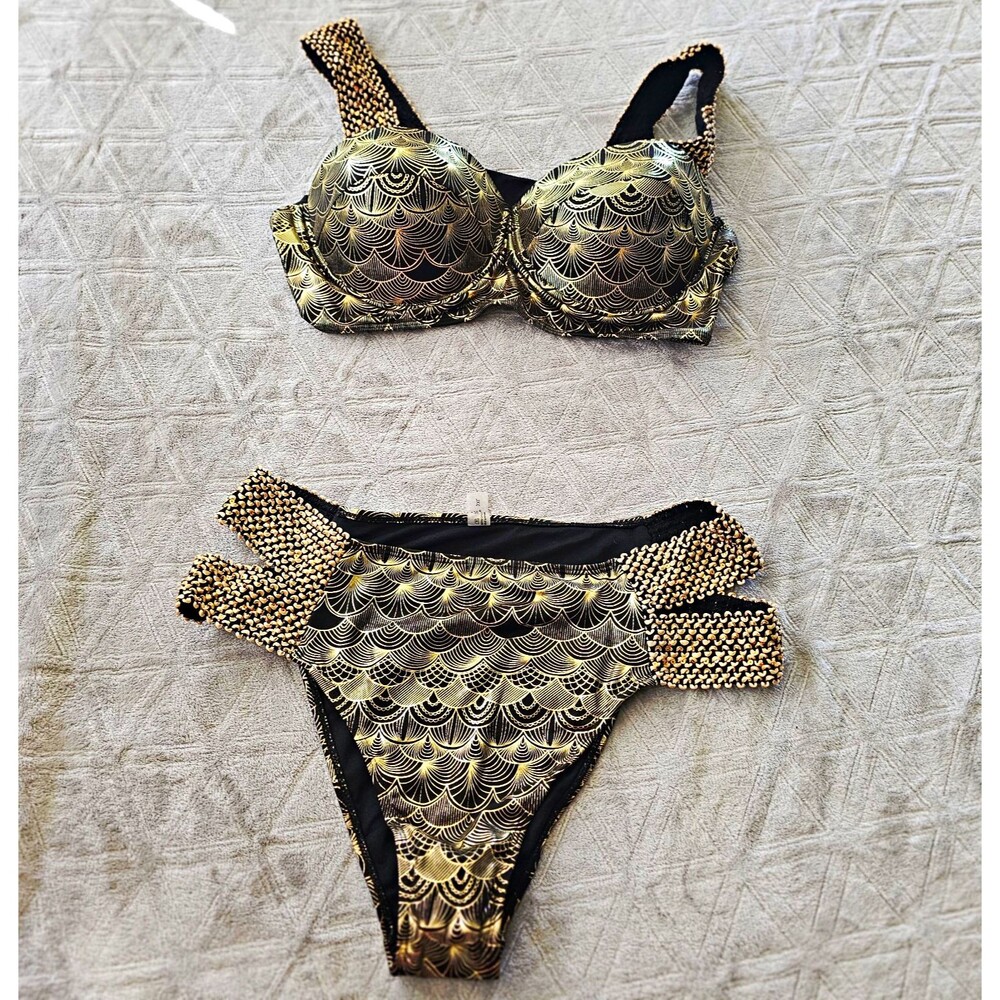 Women's 2 Piece Bikini Set Black/Gold Geometric Padded Mesh Stretch 3XL